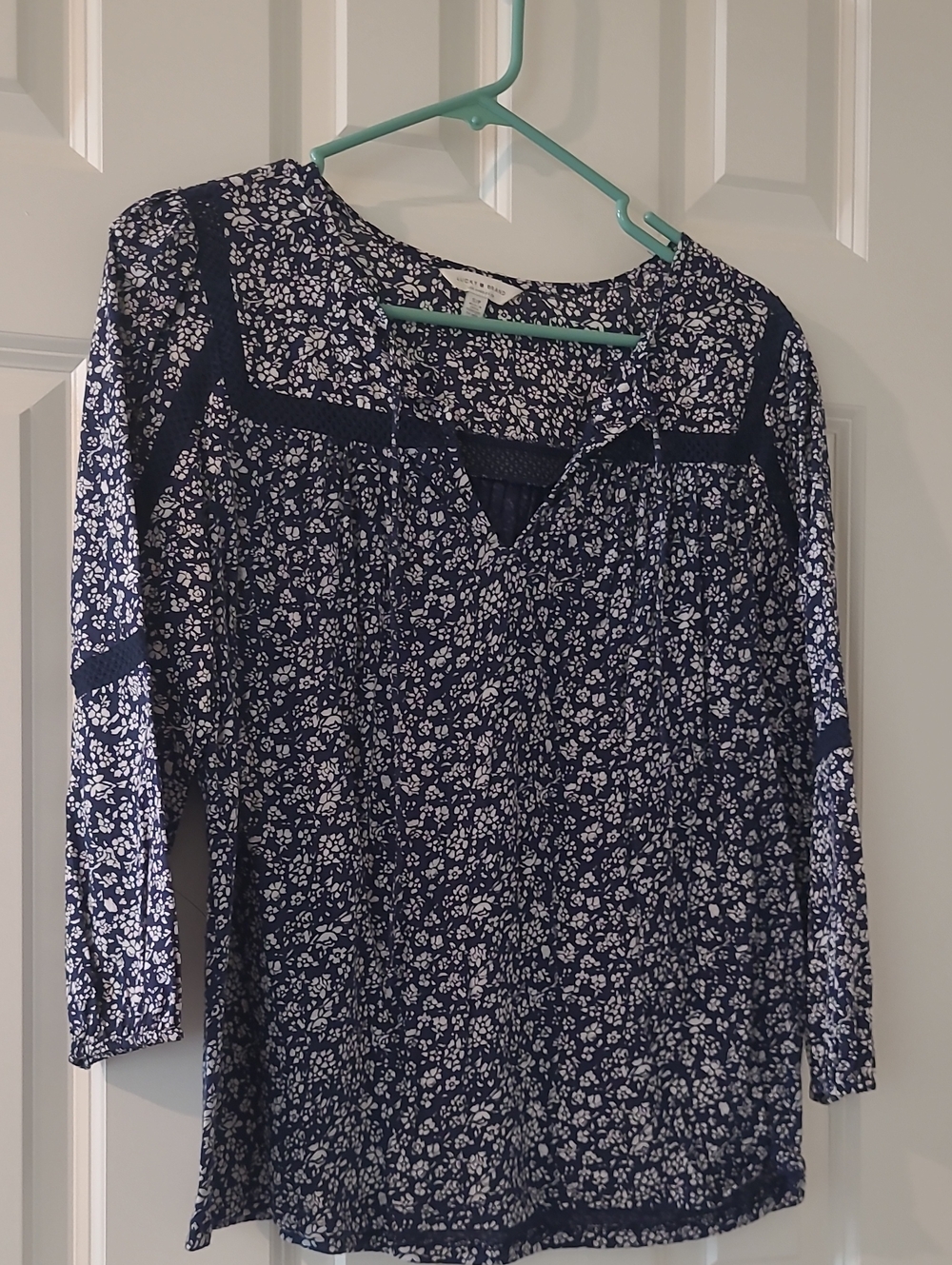 Lucky Brand Navy and White Floral Peasant Blouse